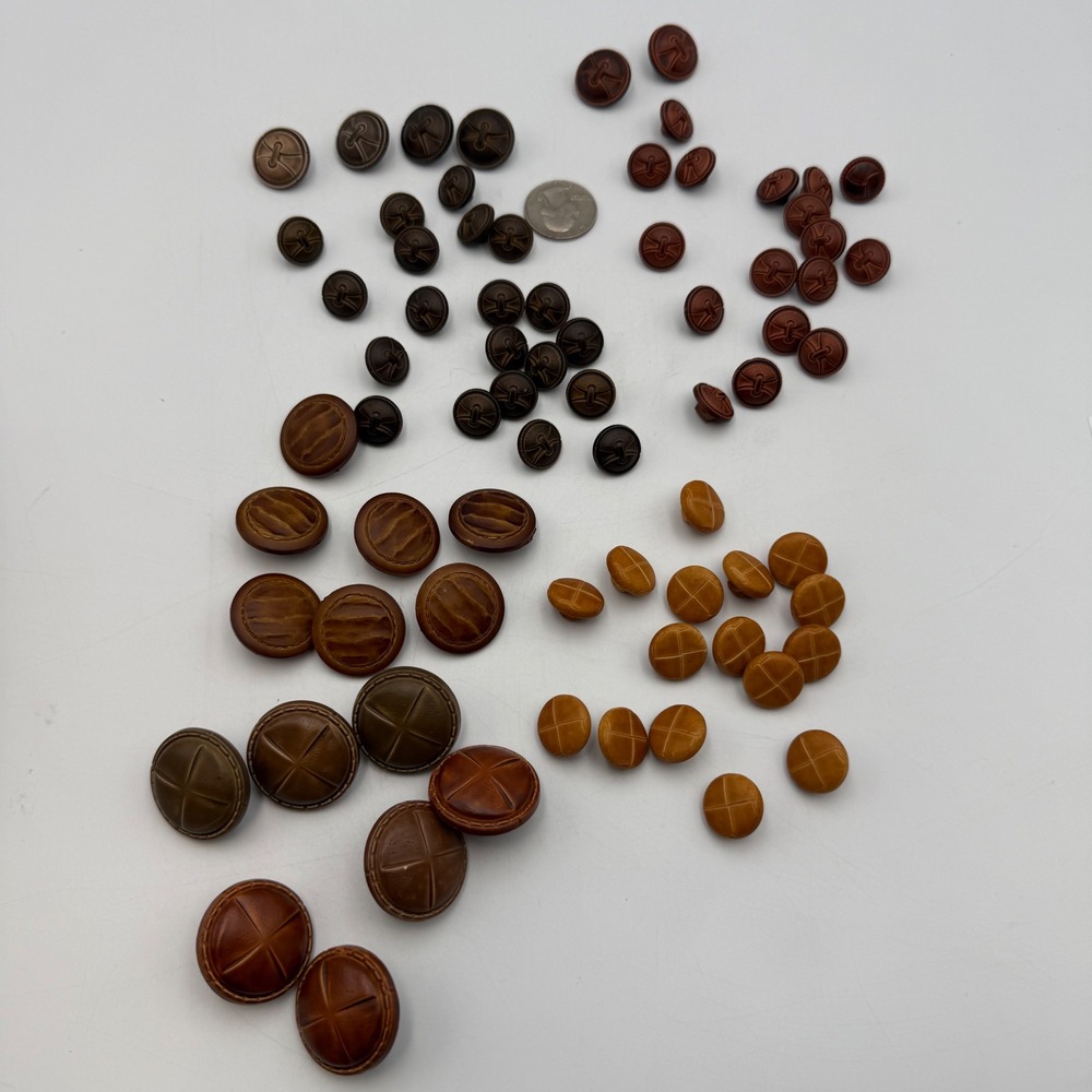 Vintage Mixed Lot Brown Faux Leather Woven Look Shank Buttons Assorted Sizes